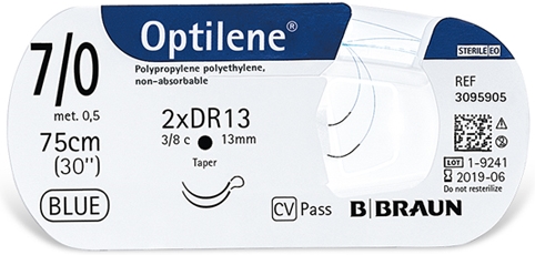 OPTILENE, розмір USP 5/0 (1) довжина 45CM, зворотно-ріжуча голка з мікрозаточкою вістря голки, 3/8 кола, довжина (мм) 19, пакування RCP